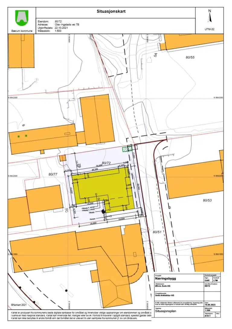 - Detaljert situasjonskart av bygge- og tomteplan for næringsbygg i Bærum kommune.