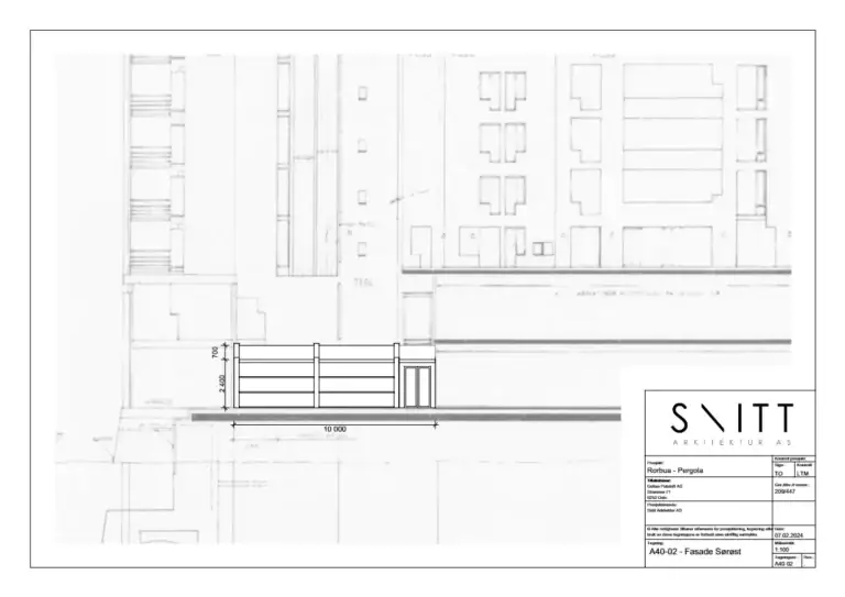 Modern byggeskitse av fasade og pergola for Rorbu i Ålesund.
