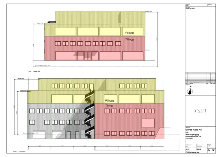 Rødt og gult arkitektonisk bygningsdesign for næringsbygg med spiralfyrtrapp og flere vinduer i fasadeløsning.