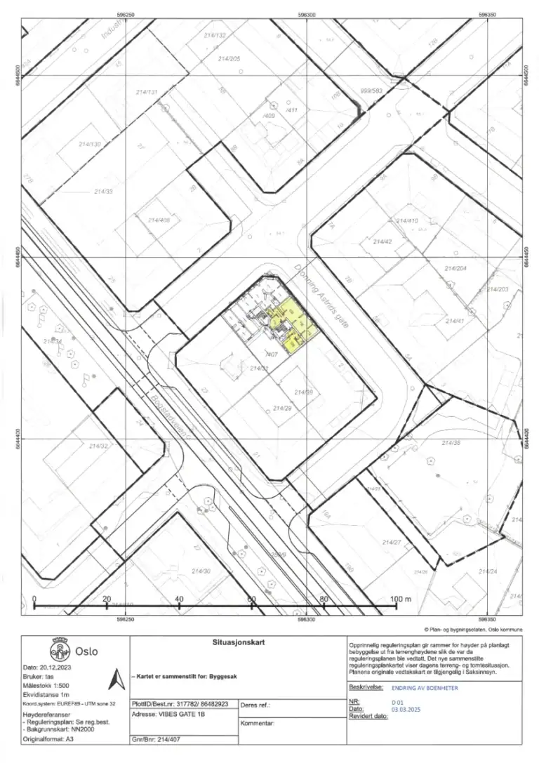 Klargjort situasjonskart for planlegging av boligområde på Vibes Gate i Oslo, med detaljer om reguleringsplan og bygningstiltak.